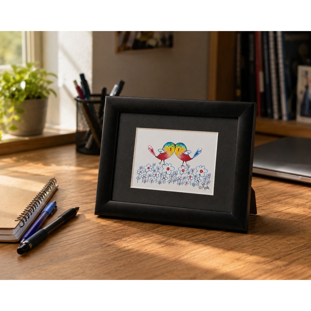 Apple Artist Whimsical Lovebirds Framed Art Print Colorful Birds Flowers Black